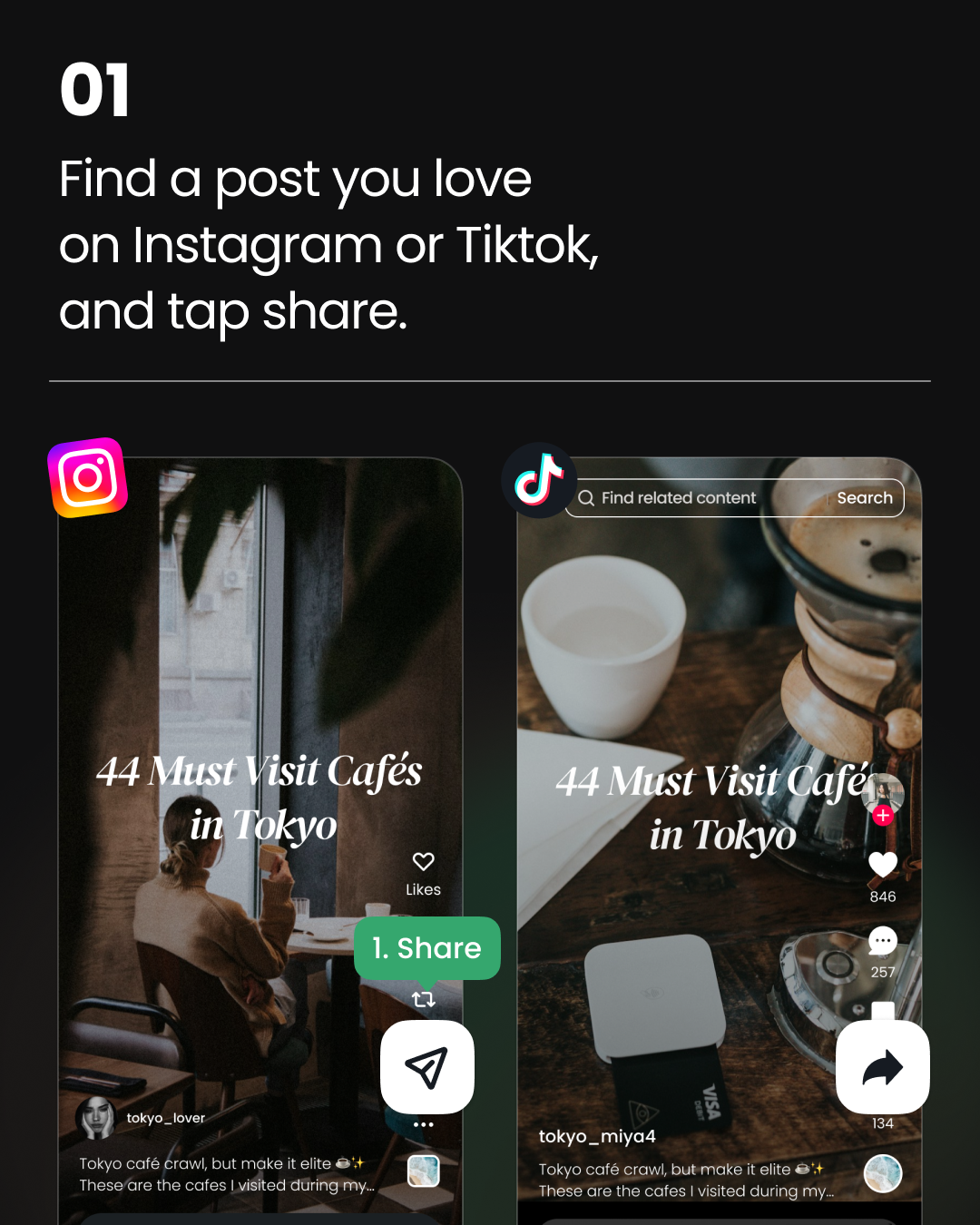 Find a post you love on Instagram, Tikotk, or Youtube and Tab Share