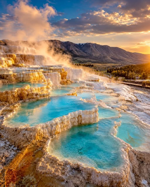 Yellowstone National Park's Mammoth Hot Springs at Sunset