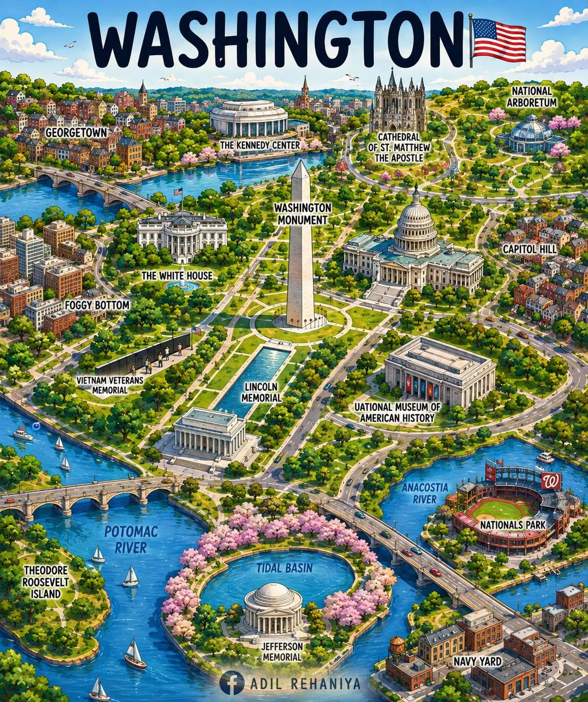 Washington D.C. Landmarks Map With Cherry Blossoms