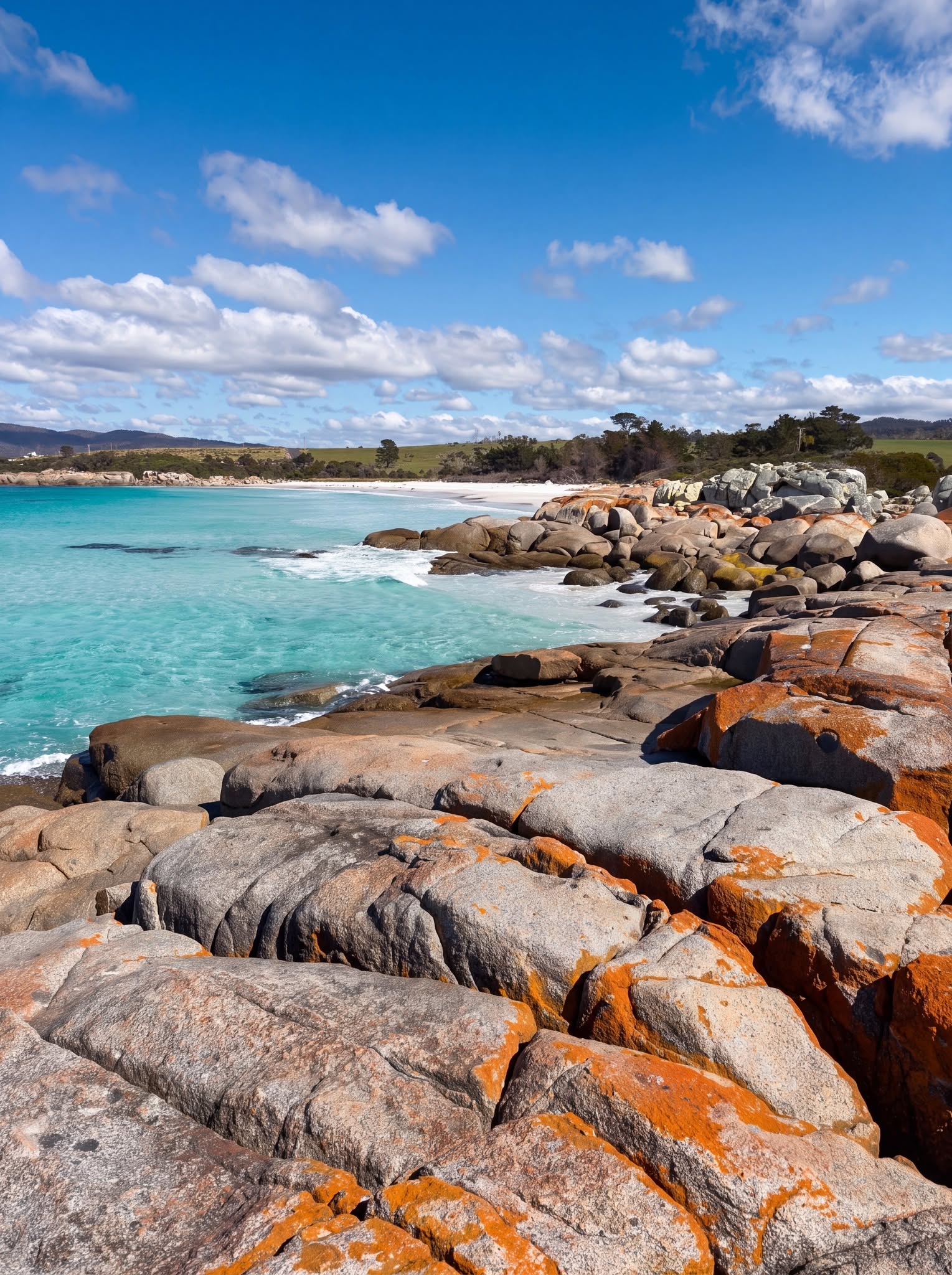 Tasmanian Coastline's Fiery Boulders and White Beaches