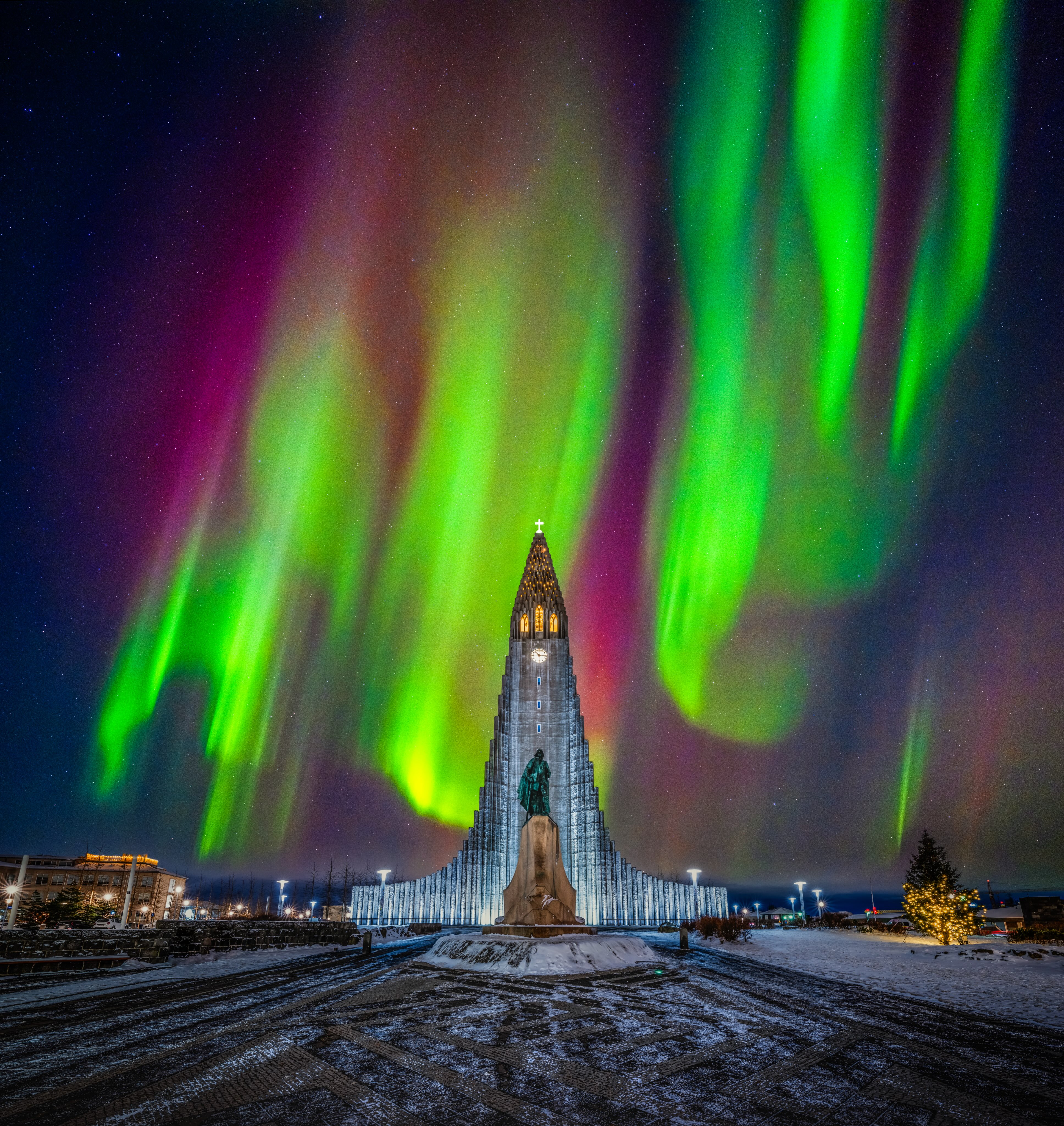 Reykjavik Landmarks Under the Aurora Borealis