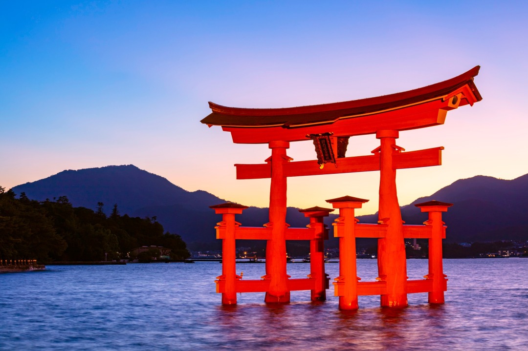 Miyajima's Iconic Torii Gate at Sunset