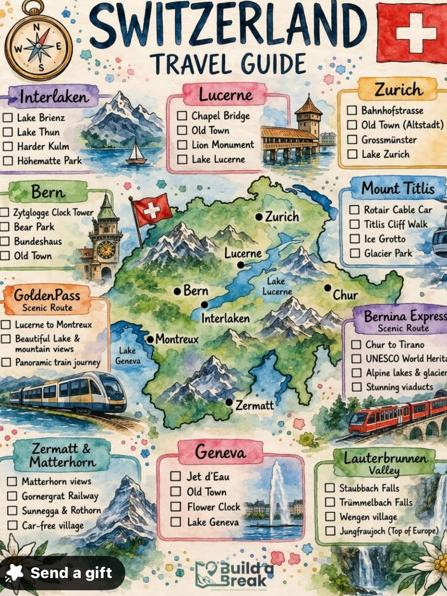 Swiss Cities And Natural Wonders Watercolor Guide