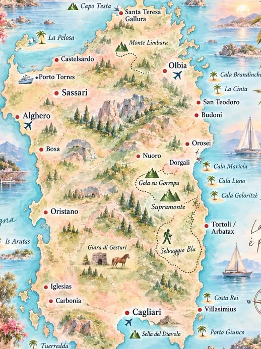Sardinia Map: Coastal Towns, Mountains, and Beaches
