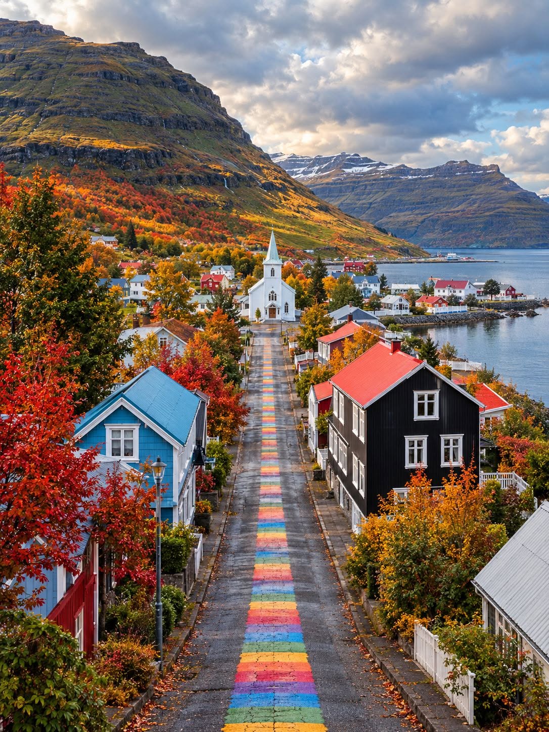 Rainbow Street Leads To Church In Charming Fjord Village