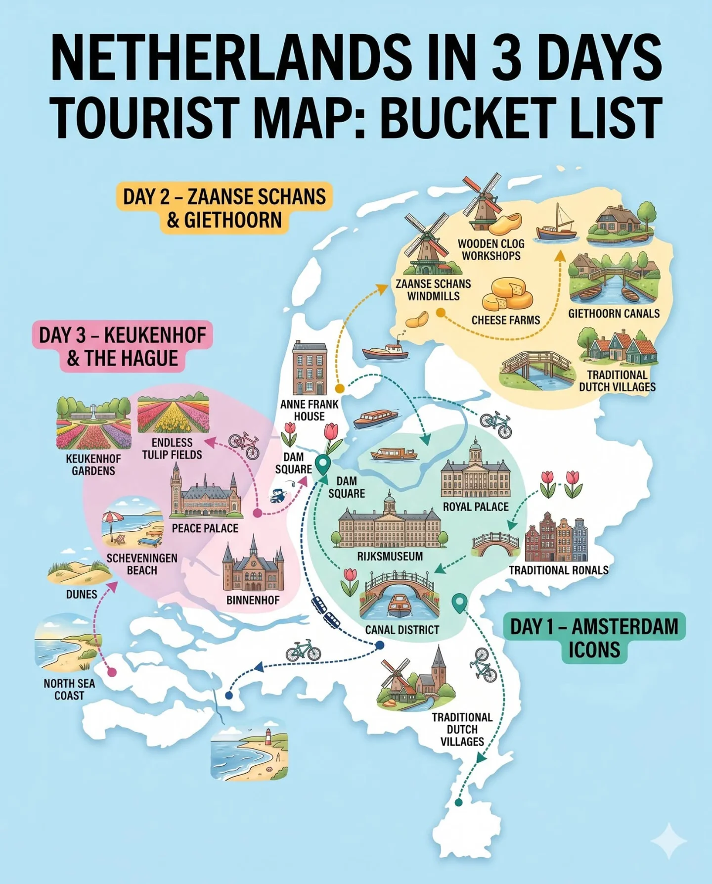 Netherlands 3-Day Tourist Map With Top Attractions