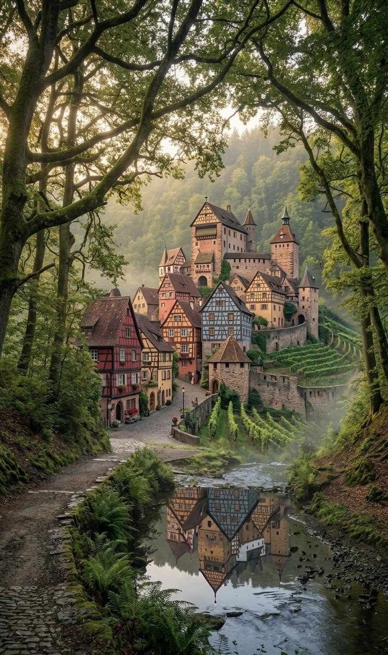 Riquewihr Village With Half-Timbered Houses