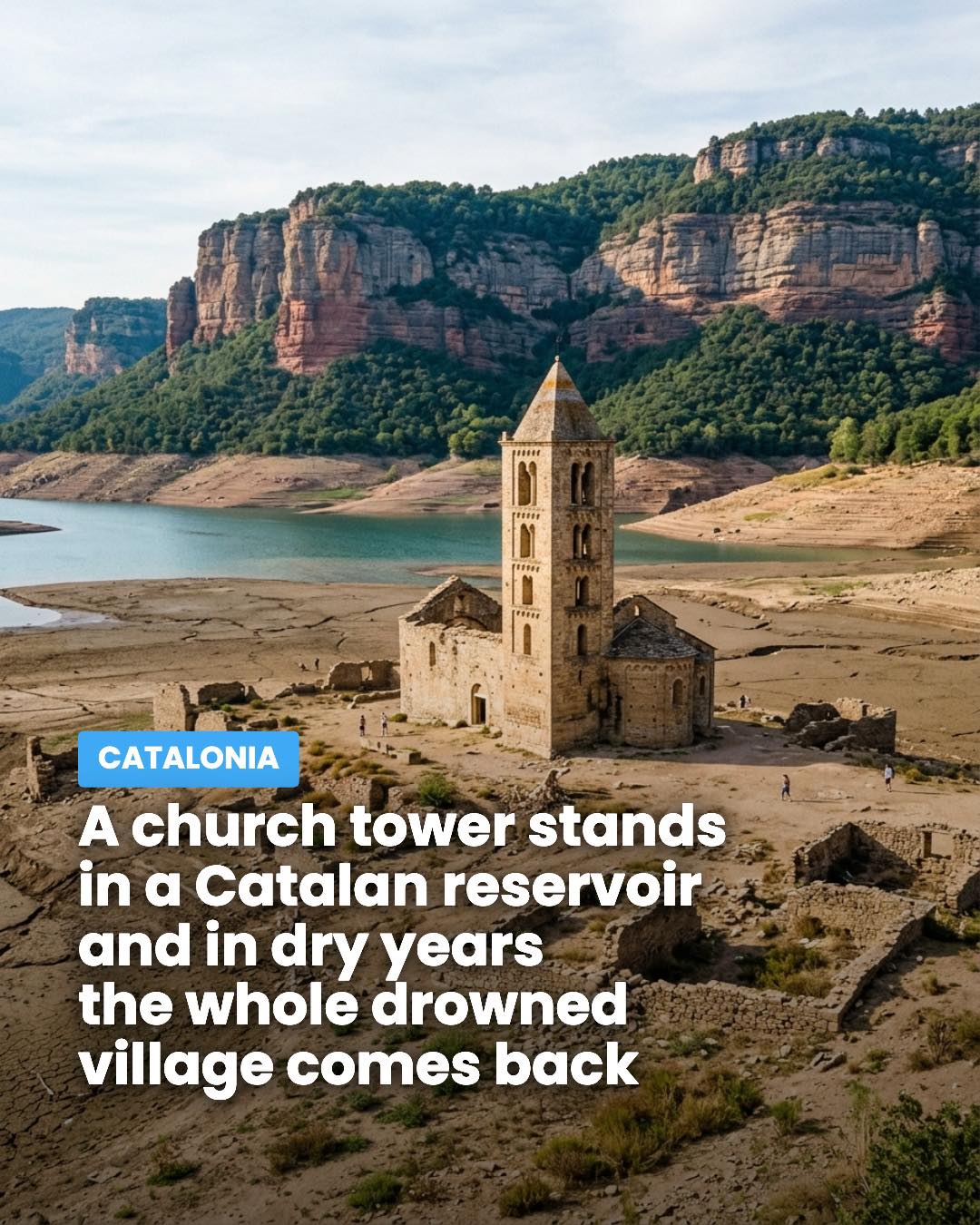 Church Tower Emerges from Catalan Reservoir