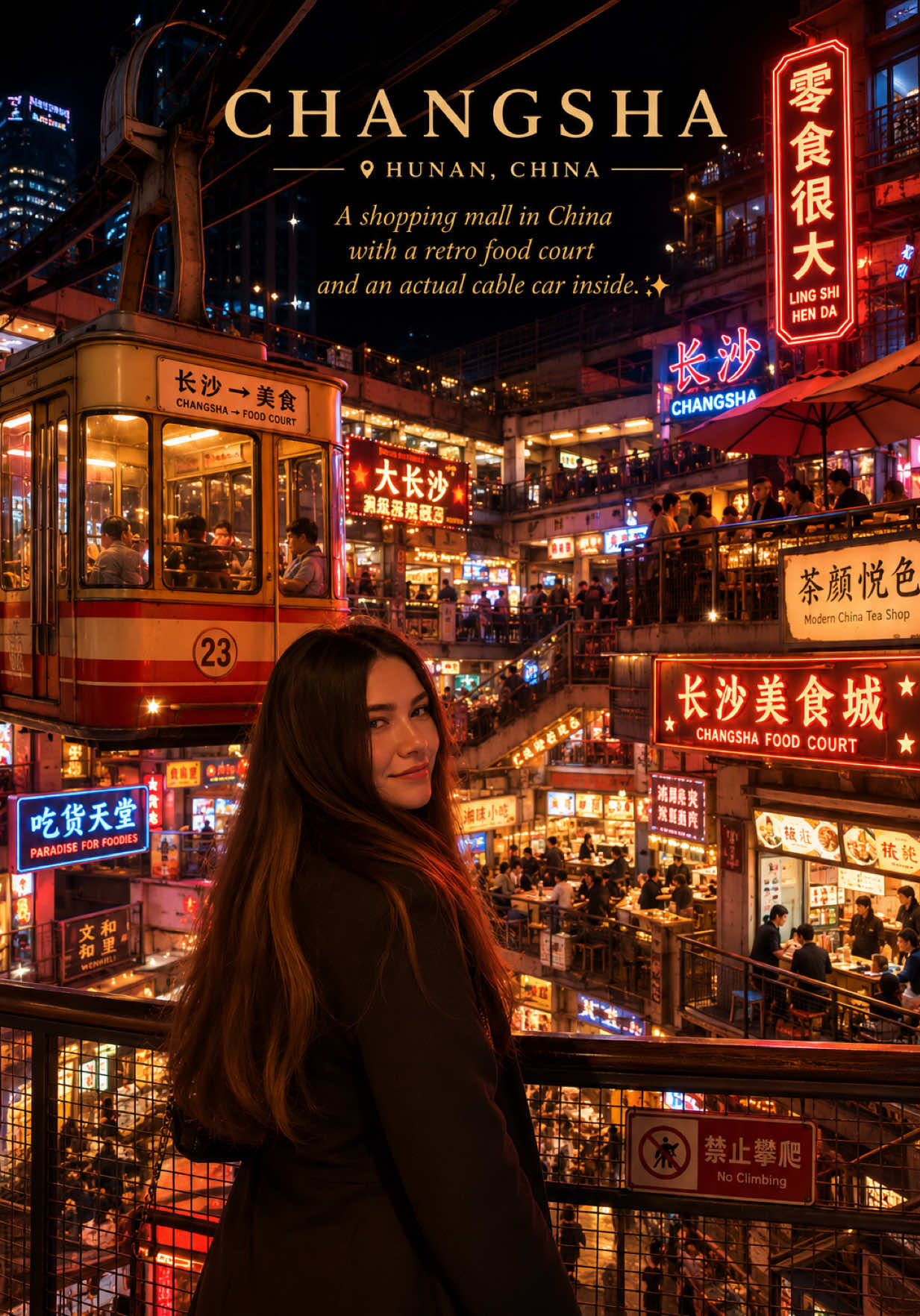 Changsha Food Hall With A Cable Car