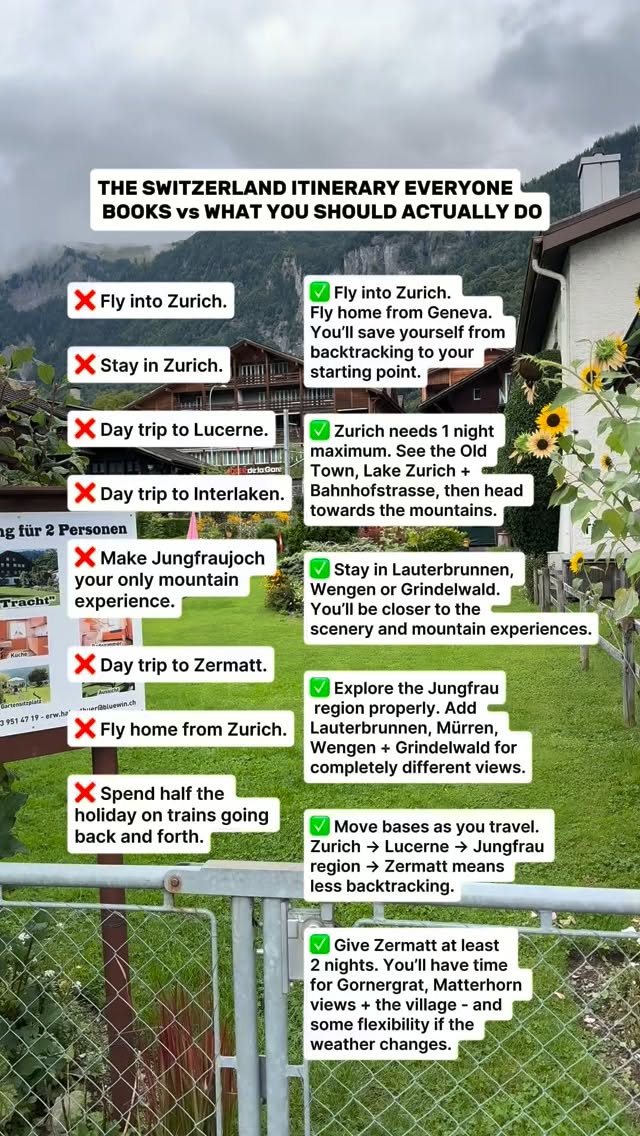 Swiss Itinerary: Zurich, Lucerne, Jungfrau, and Zermatt