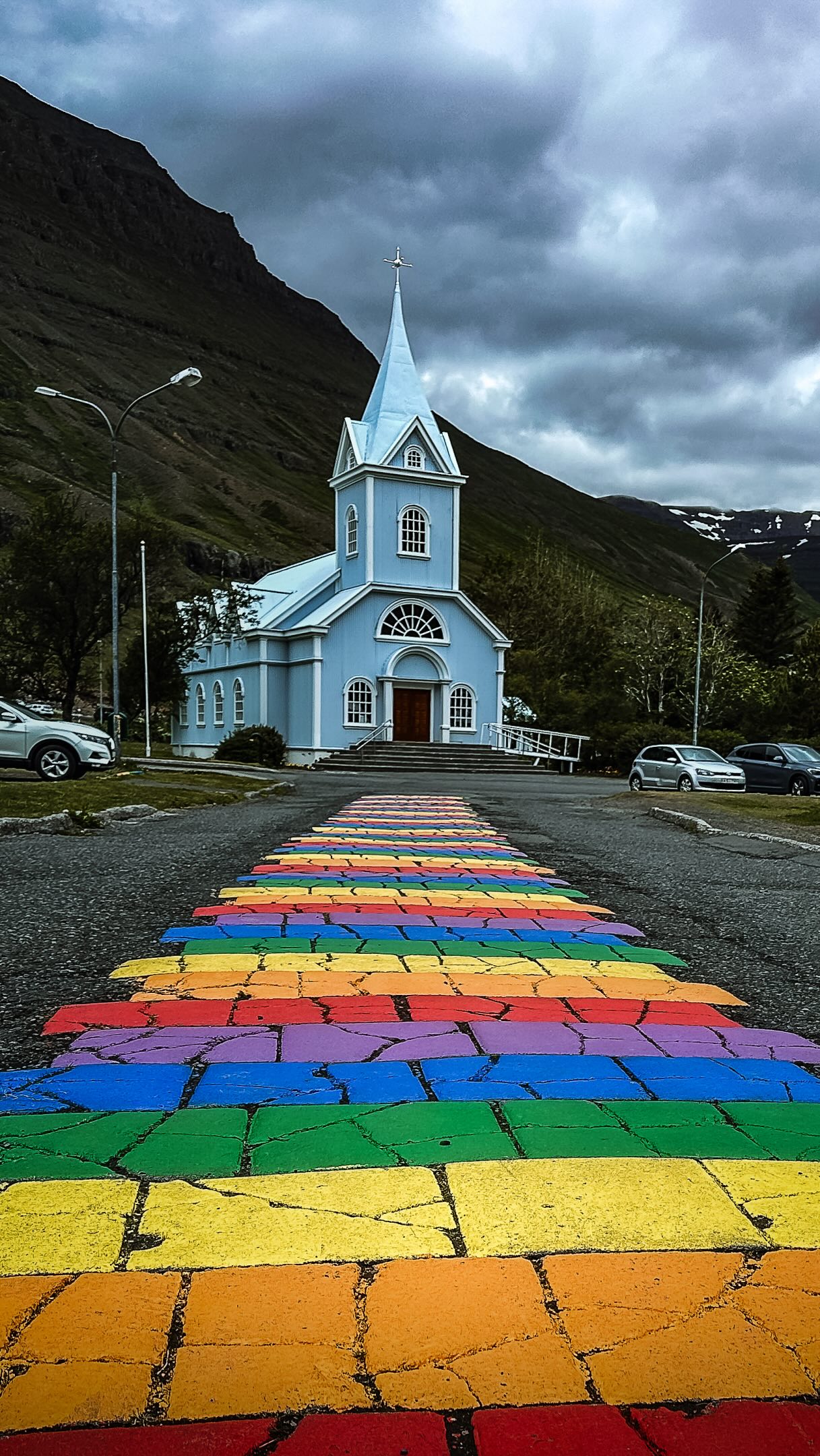 Rainbow Walk Leads to Church in Fairytale Town