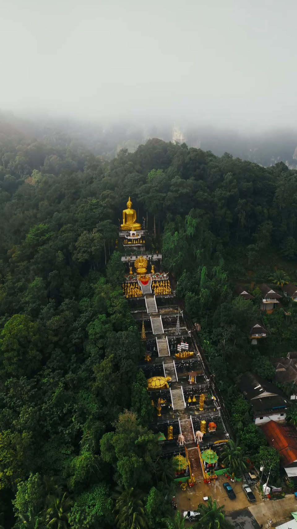 Mountain Temple With Golden Buddha Statues