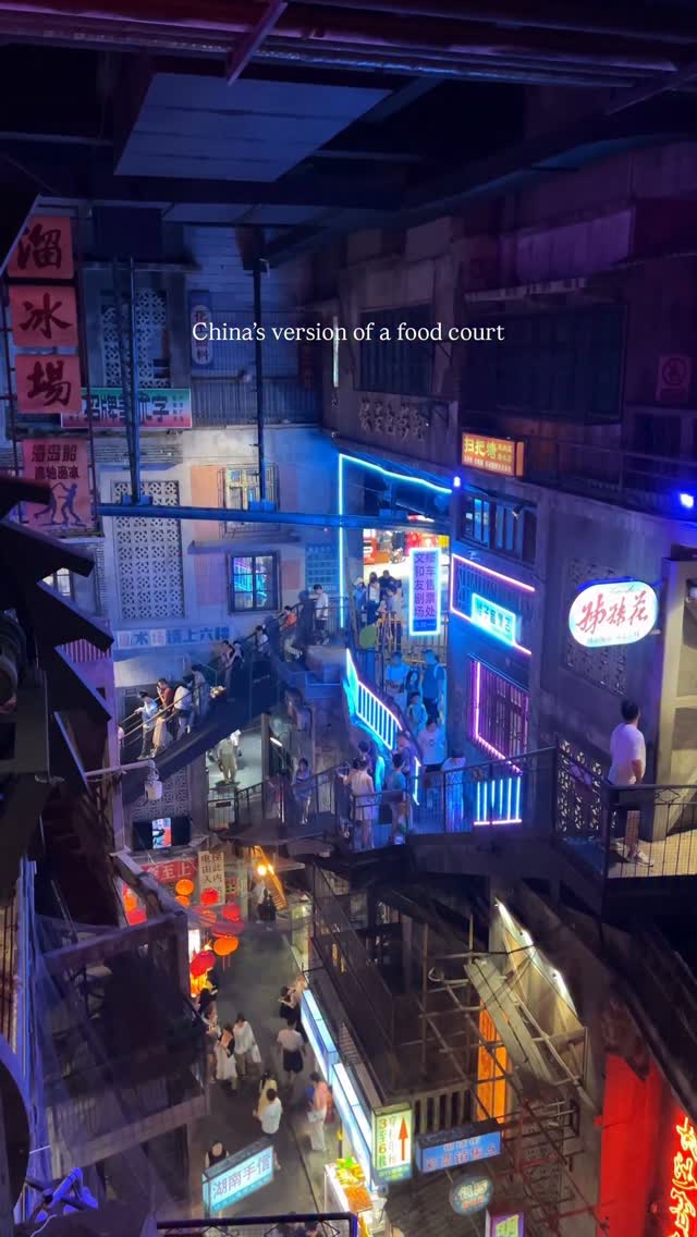 Cyberpunk Food Court with Cable Car