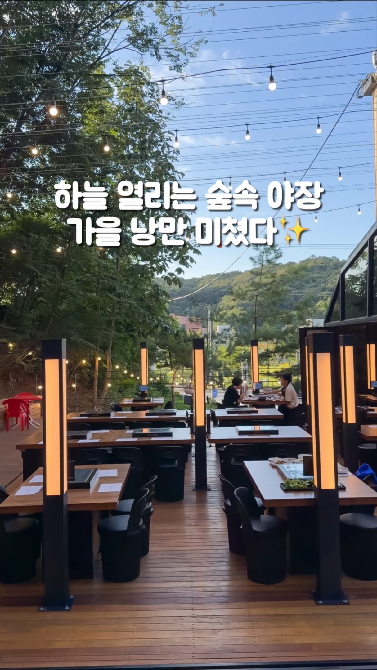 Outdoor Korean BBQ Under Autumn Trees