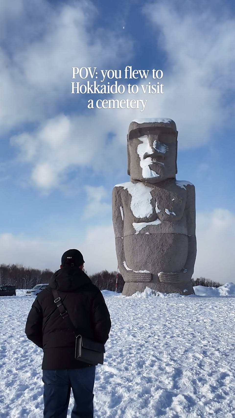 Moai Statues Adorn Snowy Japanese Cemetery