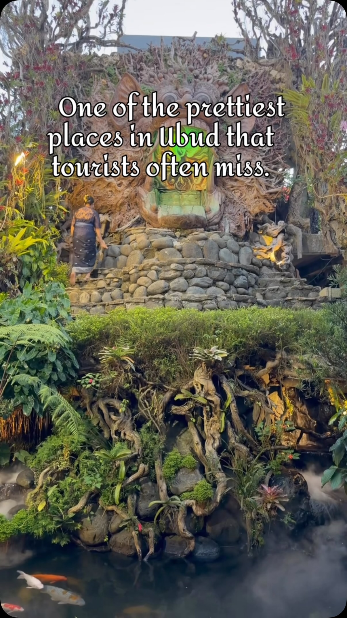 Bali Gardens With Root Carvings And Waterfalls