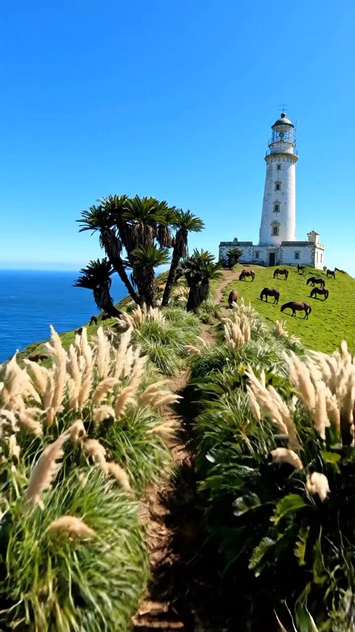 Coastal Promontory With Wild Horses And Lighthouse