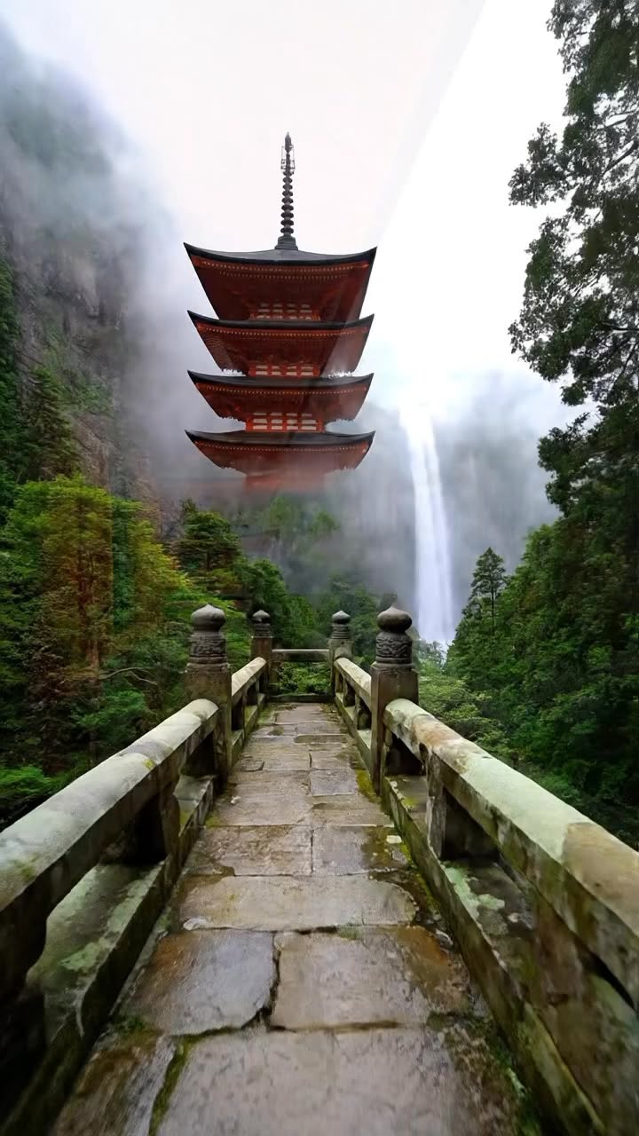 Waterfall and Pagoda at Japanese Temple