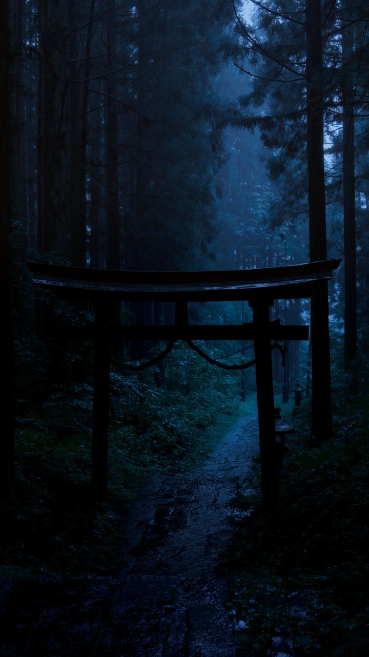 Foggy Forest Shrine With Oni Deity