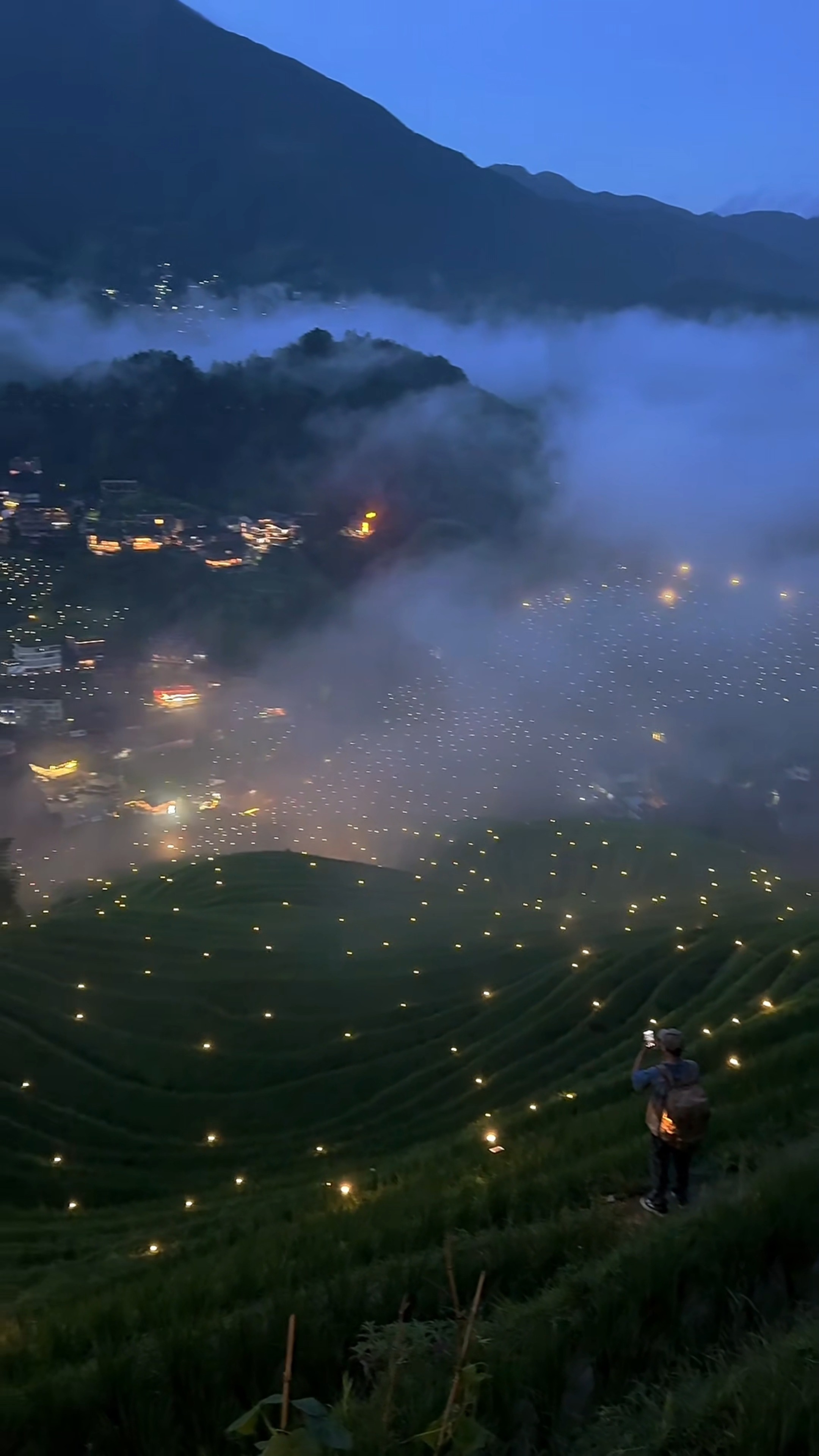Longji Rice Terraces Illuminated at Night