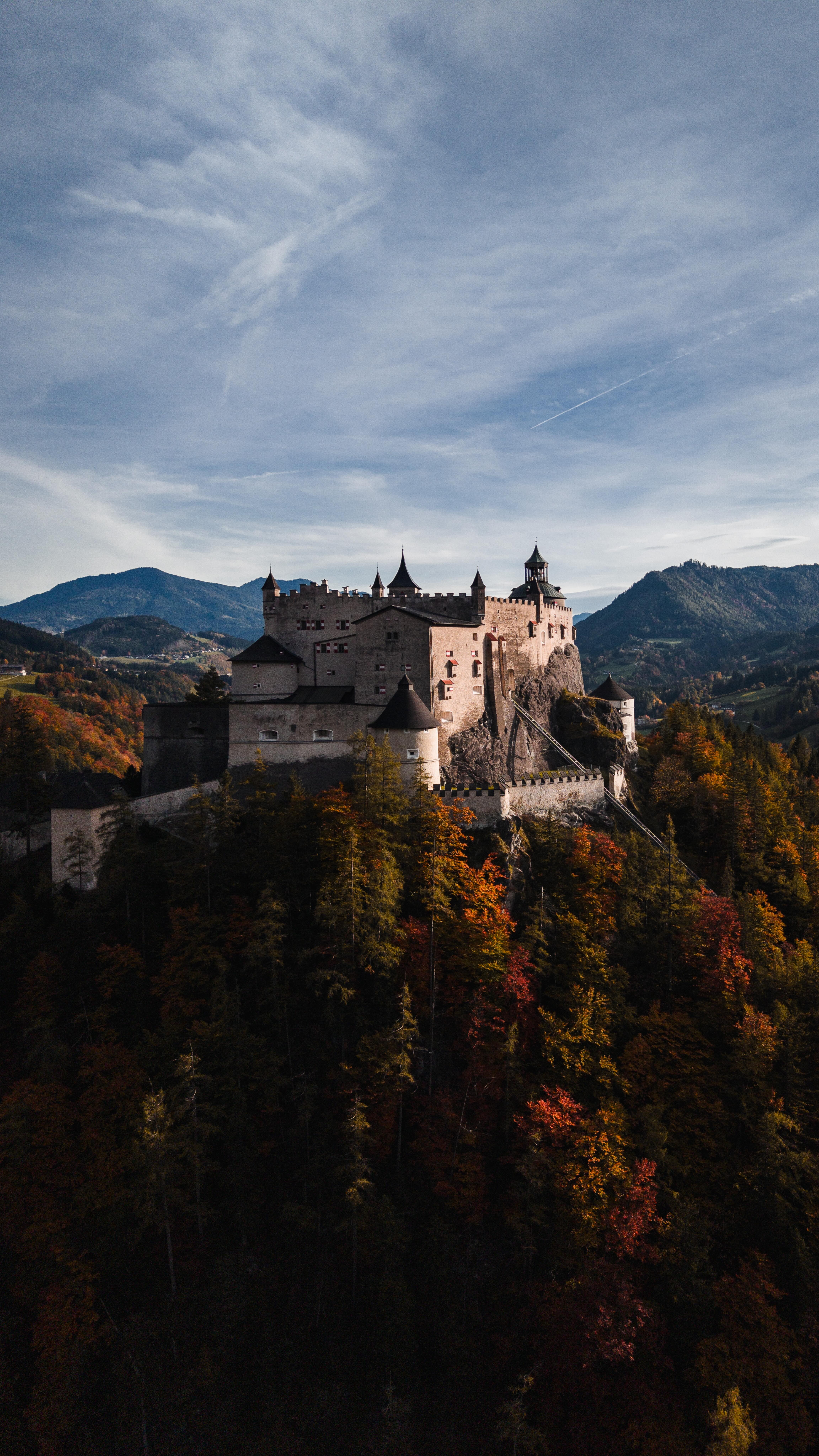 Austrian Castle Drones Fly Over Autumn Scenery
