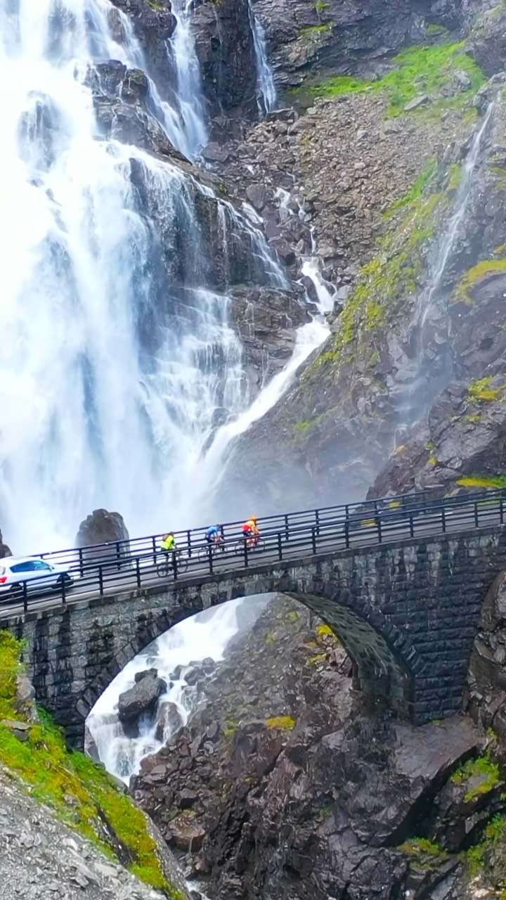 Norwegian Roads Feature Cyclists and Waterfalls