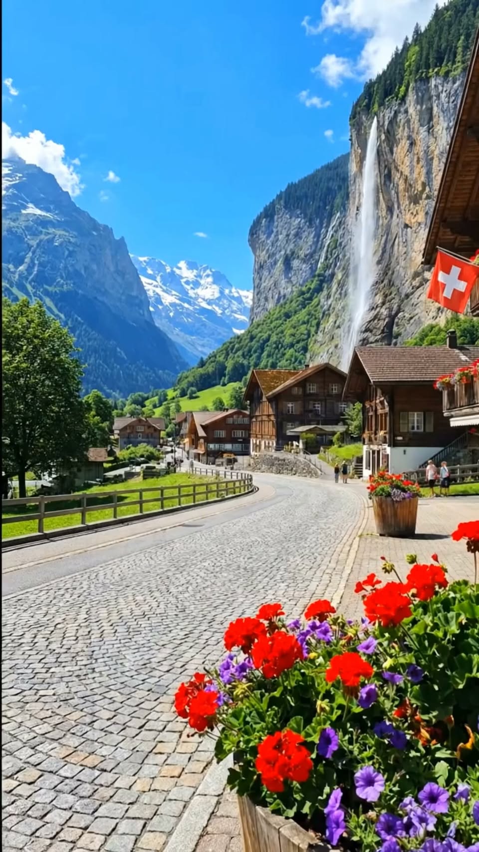 Swiss Village and Cascading Waterfall Views