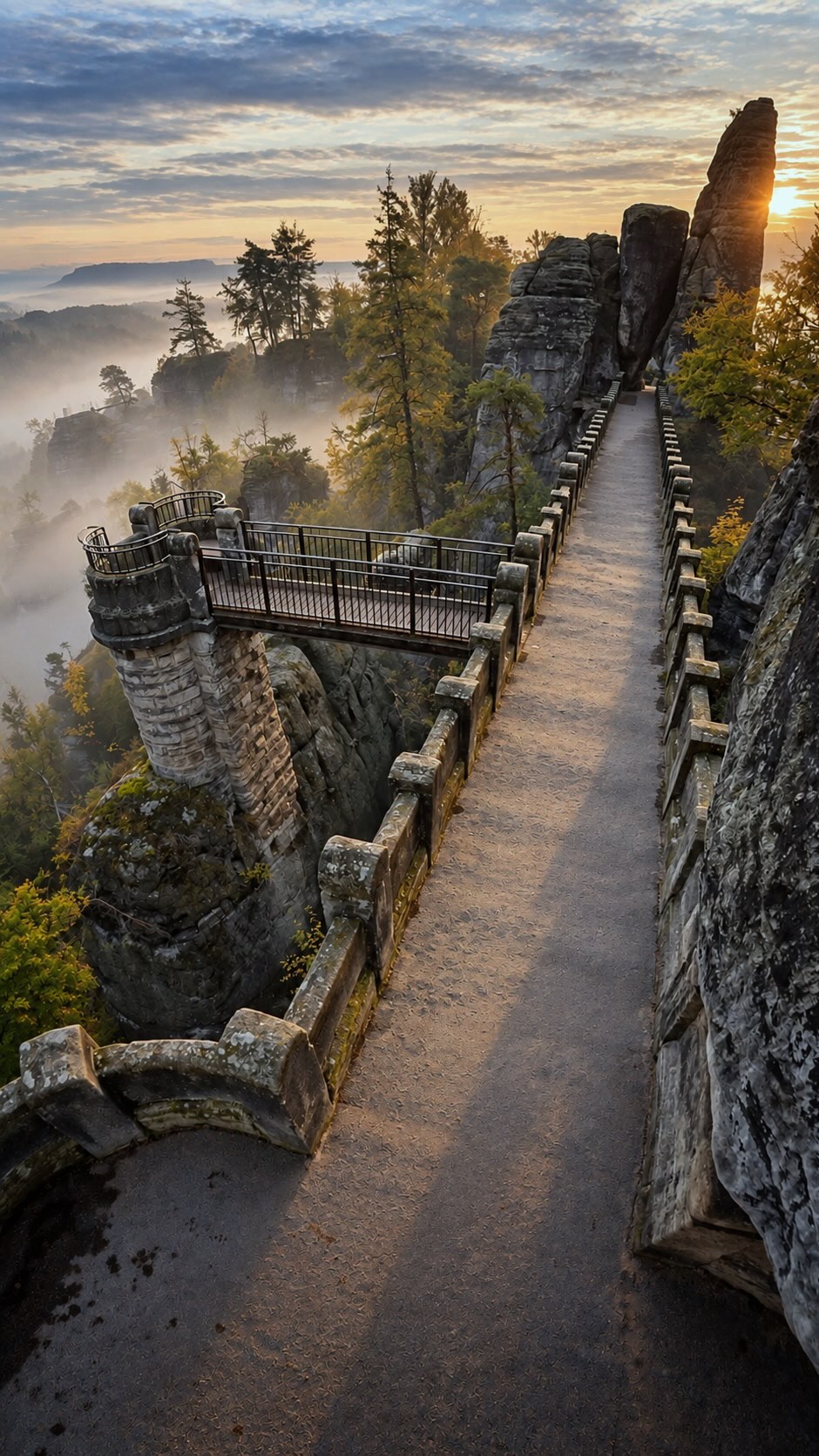 Saxon Switzerland's Misty Rock Formations and Bridge