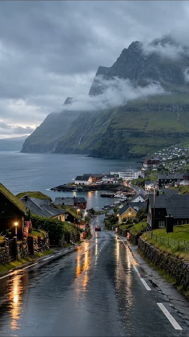 Faroe Islands Coastal Village With Grass-Roofed Homes