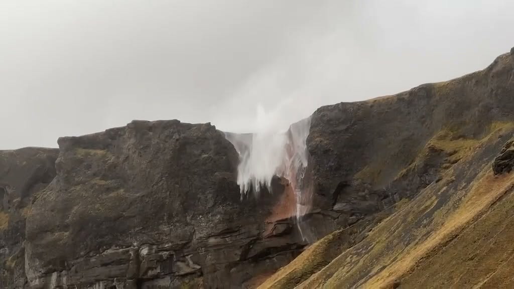 Icelandic Waterfall Flows Upwards Due to Strong Winds