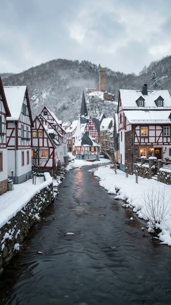 Snowy German Village and Castle Charm
