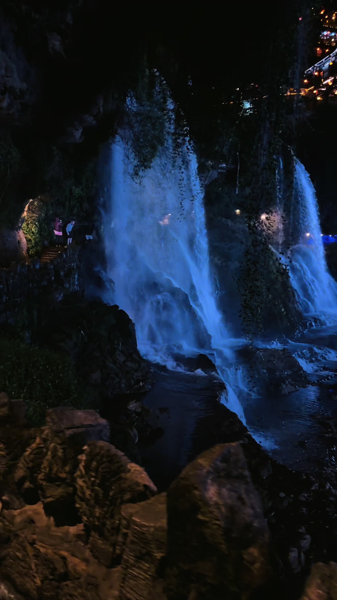 Furong Town's Illuminated Nighttime Waterfall